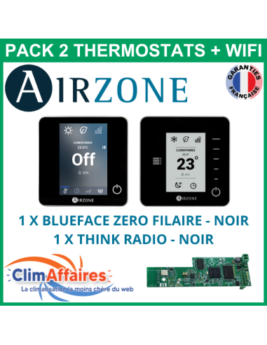 Airzone - Pack 2 Thermostats - 1 x Blueface Zero Filaire + 1 x Think Radio + Wifi - Noir (PTBTR2NW)