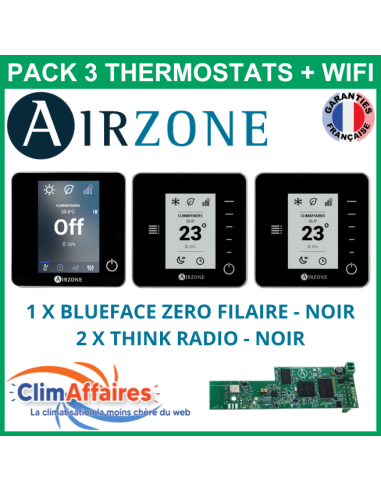 Airzone - Pack 3 Thermostats - 1 x Blueface Zero Filaire + 2 x Think Radio + Wifi - Noir (PTBTR3NW)