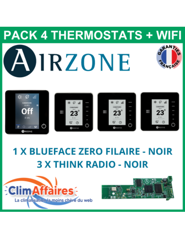 Airzone - Pack 4 Thermostats - 1 x Blueface Zero Filaire + 3 x Think Radio + Wifi - Noir (PTBTR4NW)