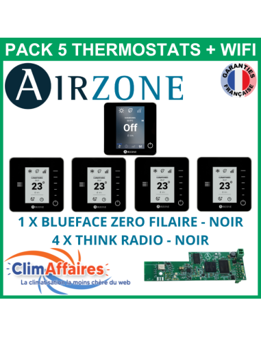 Airzone - Pack 5 Thermostats - 1 x Blueface Zero Filaire + 4 x Think Radio + Wifi - Noir (PTBTR5NW)