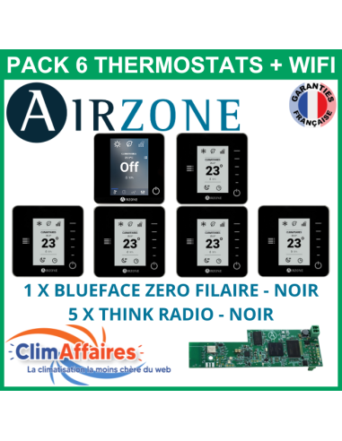 Airzone - Pack 6 Thermostats - 1 x Blueface Zero Filaire + 5 x Think Radio + Wifi - Noir (PTBTR6NW)