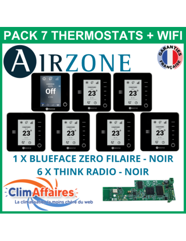 Airzone - Pack 7 Thermostats - 1 x Blueface Zero Filaire + 6 x Think Radio + Wifi - Noir (PTBTR7NW)