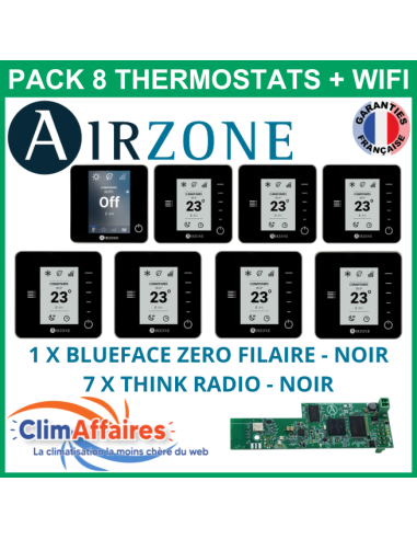 Airzone - Pack 8 Thermostats - 1 x Blueface Zero Filaire + 7 x Think Radio + Wifi - Noir (PTBTR8NW)